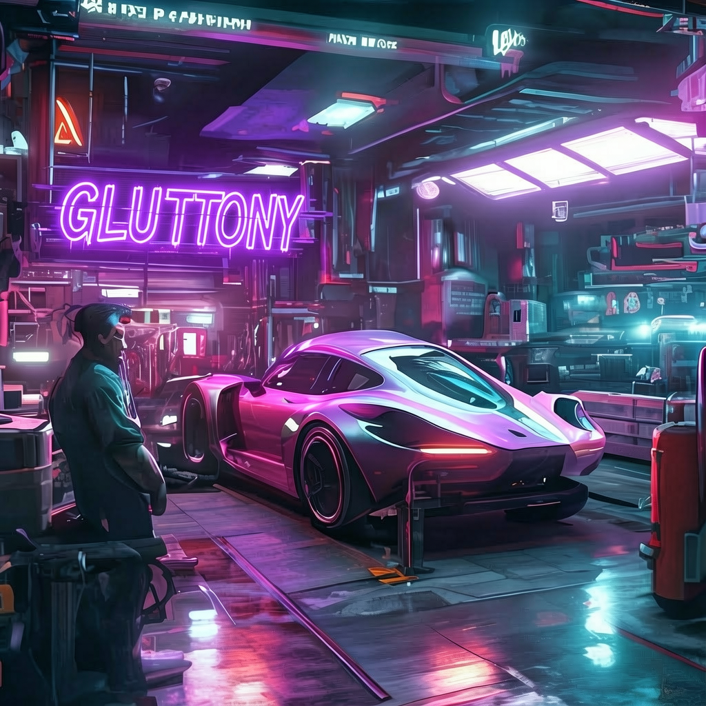 Спортивный автомобиль на подъёмнике в профессиональном боксе Gluttony