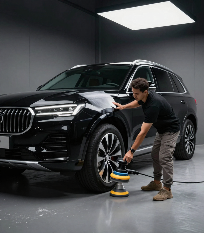 Professional car detailing - black SUV being polished with orbital polisher, dramatic studio lighting