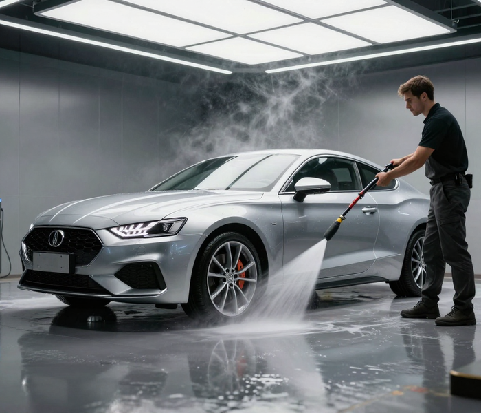 Professional car wash high pressure cleaning silver coupe in modern car wash facility with dramatic lighting