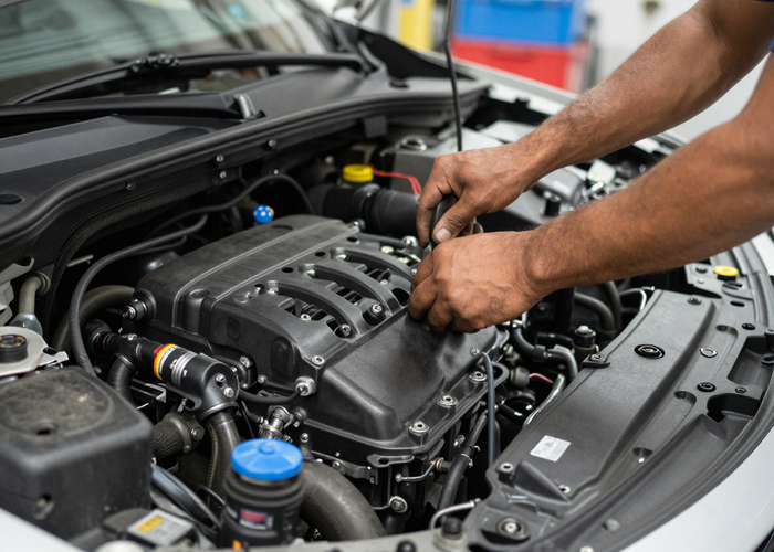 Car engine repair and technical diagnostics mechanic hands working on modern car engine in professional garage